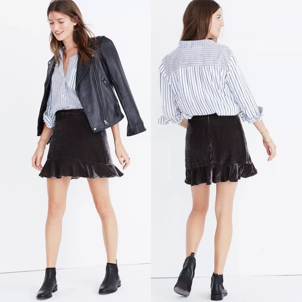 Madewell Velvet Ruffled Edge Silk Skirt Black Size 2 Flirty Super Soft Velour - Picture 1 of 11
